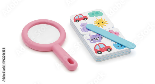 A colorful children's learning tool with a magnifying glass and educational cards