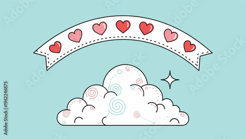 Playful illustration of a white fluffy cloud with colorful spirals under a banner of vibrant red and pink love hearts.