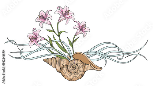 Whimsical illustration of pink lilies growing from a large seashell decorated with flowing blue and green ribbons.