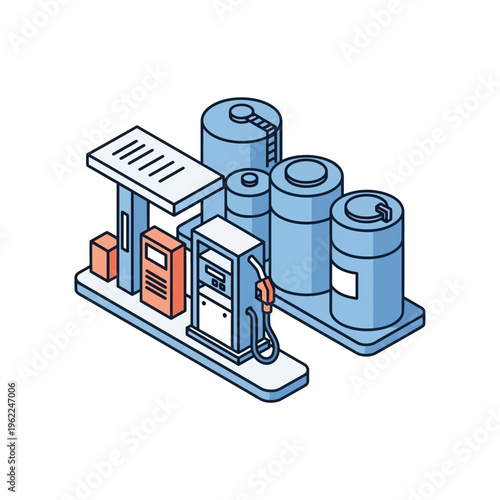 Isometric illustration of a fuel station with pumps and storage tanks, representing energy and transportation infrastructure
