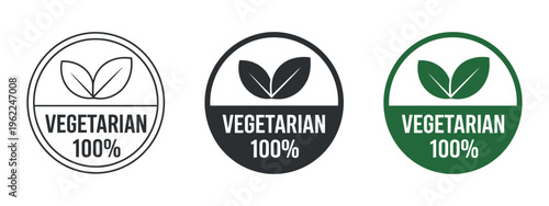 Vegetarian 100% Seal Icons Clean Design Minimalist Isolated on White Background Food Certification