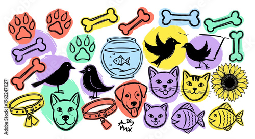 Colorful doodle style pet care and animal themed icons.