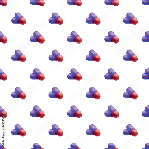 Repeating pattern of purple and red pharmaceutical capsules on a white background