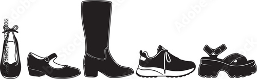 Black and white vector art set of six different shoe styles including ballet flat mary jane boot sneaker clog and platform sandal silhouettes