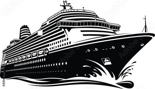 Luxury cruise ship sailing on ocean waves, maritime travel concept illustration, minimal black and white vector design for tourism and transportation