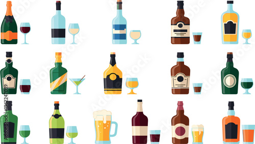 Alcoholic beverage collection vector illustration featuring wine, whiskey, beer, and cocktails with glasses, modern flat design set for bar, restaurant, and menu use