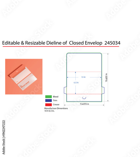 Envelope dieline template with bleed trim and crease lines for printing