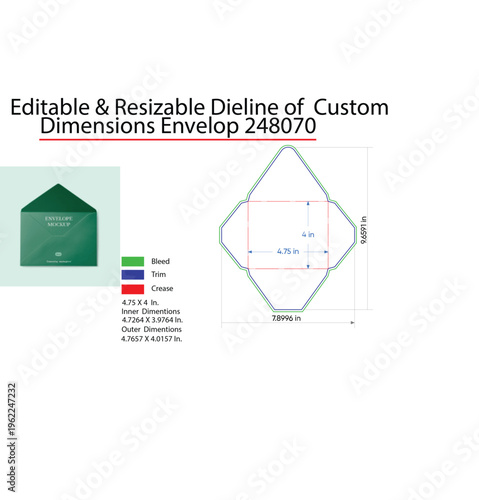 Envelope dieline template with bleed trim and crease lines