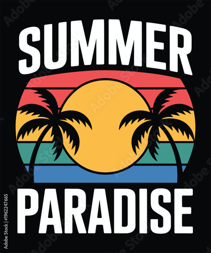 Summer Paradise Retro Sunset with Palm Trees and Ocean Waves Graphic Design