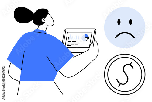 Financial loss concept. Woman reviews financial data, depicting challenges in managing money. Financial loss with sad face and dollar icon. For budgeting, expenses, economy, saving, crisis