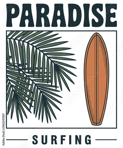 Surfboard and Palm Fronds Tropical Beach Paradise Vibe Vintage Illustration