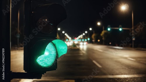 Traffic light, green light glowing brightly, nighttime city street with cars and streetlights, symbolizing safety and traffic flow