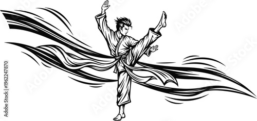 martial artist performing high kick with flowing motion lines, karate fighter action illustration, dynamic combat pose, cad drawing flat vector illustration