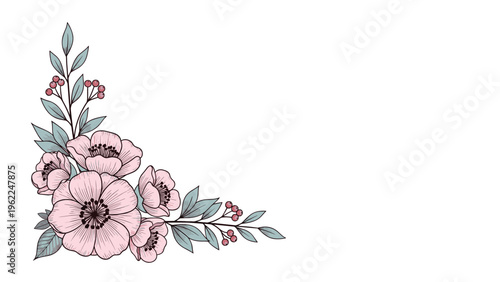 Elegant corner floral arrangement featuring pink flowers and blue-green leaves with small berry clusters for cards.
