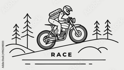 A professional, high-resolution minimalist vector icon of a HEAVYBIKE riding on a road, isolated on a light grey background. The design features a simple black line-art illustration of a heavy bike vi