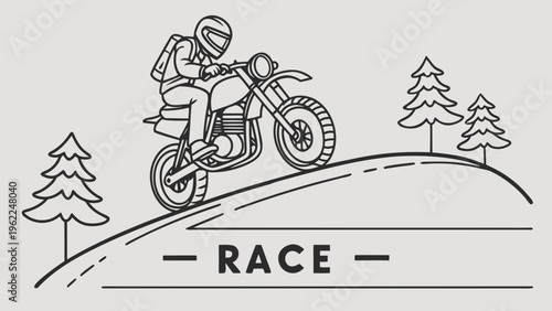 A professional, high-resolution minimalist vector icon of a HEAVYBIKE riding on a road, isolated on a light grey background. The design features a simple black line-art illustration of a heavy bike vi