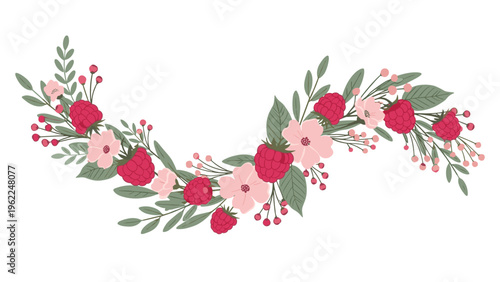 Long curved floral garland featuring pink blossoms and clusters of ripe red raspberries with green leaves for summer.