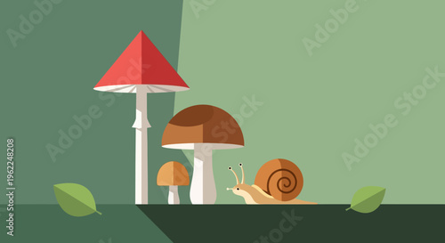 Illustration of snails and mushrooms in a forest.