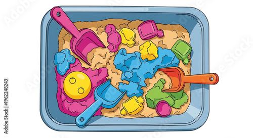 A colorful illustration of a sandbox with various kinetic sand tools and molds