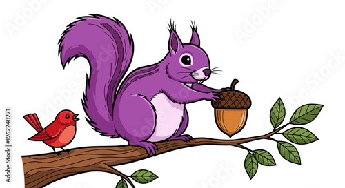 A purple squirrel and a red bird on a tree branch with leaves and acorn.