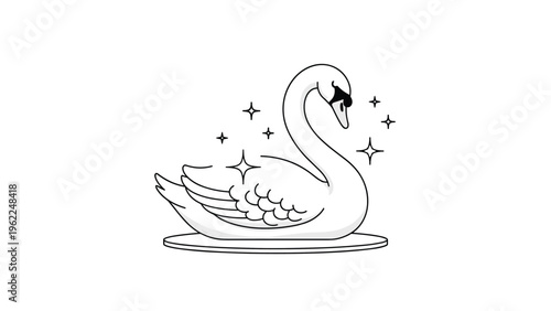 Elegant line drawing of a graceful swan swimming on water surrounded by small sparkling stars in a clean minimalist style.