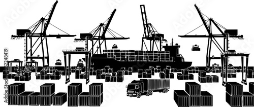 Industrial black silhouette of a busy cargo port terminal with container ships, giant cranes, and logistics transport vector isolated on white.