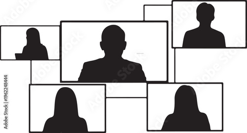 Video conference, online meeting, remote team, silhouette icons, black and white