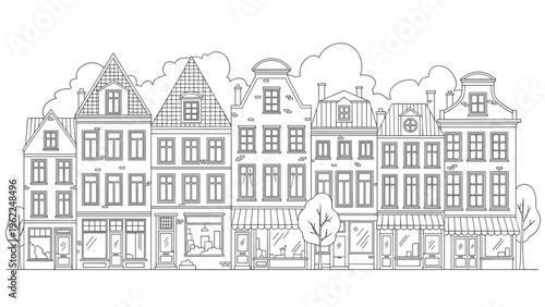 Detailed line drawing of a row of traditional European houses with varying architectural styles and storefronts on the ground floor.