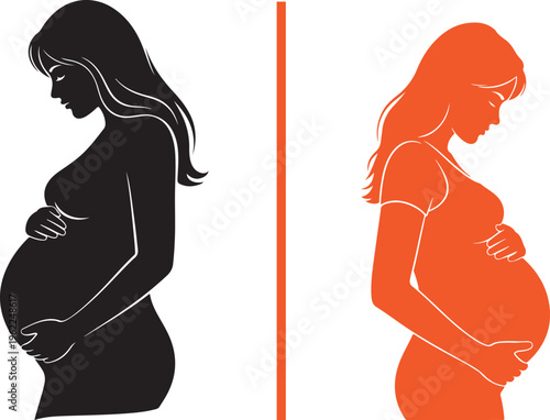 Vector silhouettes of a pregnant woman in a t-shirt holding her abdomen. Featuring solid black and vibrant orange versions, these profiles illustrate motherhood, prenatal health, and expectation.