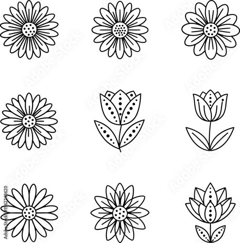 Black and white line of various stylized flowers flower floral daisy tulip lotus simple flower outline flower
