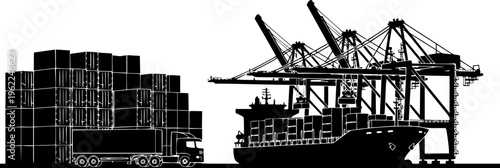 Industrial black silhouette of a busy cargo port terminal with container ships, giant cranes, and logistics transport vector isolated on white.