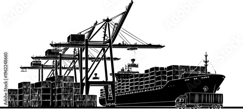 Industrial black silhouette of a busy cargo port terminal with container ships, giant cranes, and logistics transport vector isolated on white.