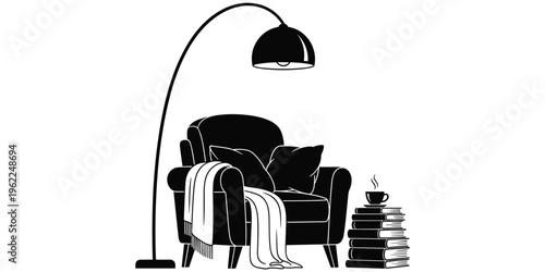 Cozy reading corner silhouette illustration, armchair with pillows blanket, floor lamp books coffee design, relaxation leisure artwork, flat vector illustration
