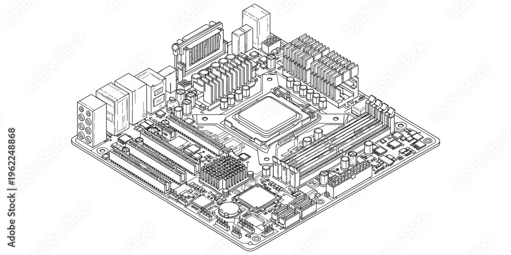 Obraz premium Computer motherboard line drawing illustration, CPU socket RAM slots PCI connectors design, electronic circuit hardware artwork, flat vector illustration