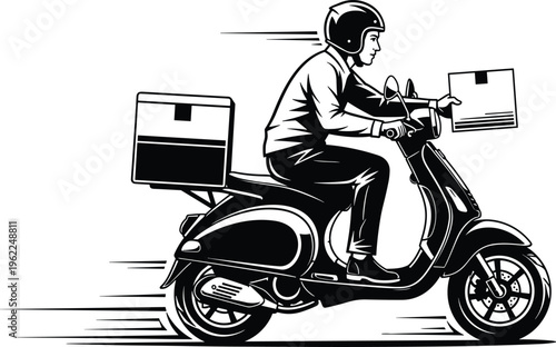 motorcycle courier delivering package on scooter fast delivery service concept, logistics transportation illustration, cad drawing flat vector illustration