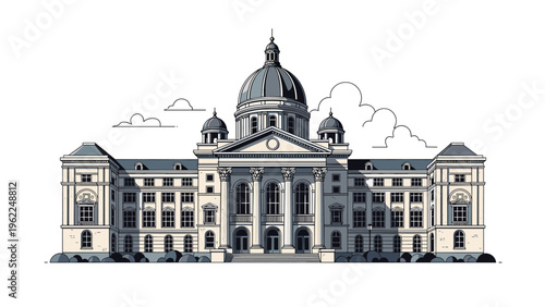 Grand classical building with a large central dome and columns depicted in a detailed two tone architectural illustration.