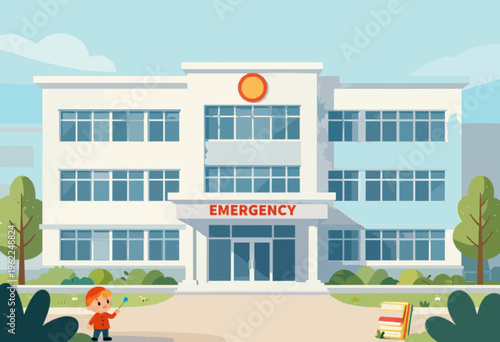 A cartoon illustration of a hospital emergency department building with a child
