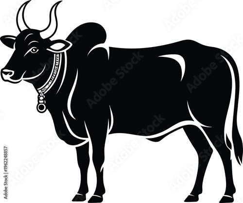 A black and white illustration of a cow with horns and a bell around its neck standing on a plain background
