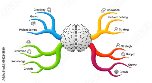 A colorful vector graphic illustrating the concept of brain growth and development with multiple branches representing creativity, innovation, and problem solving.