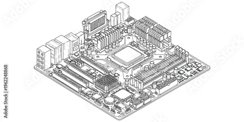 Computer motherboard line drawing illustration, CPU socket RAM slots PCI connectors design, electronic circuit hardware artwork, flat vector illustration