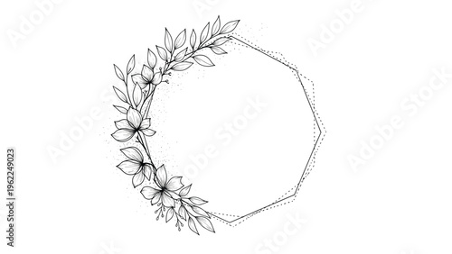 Delicate black and white floral wreath partially surrounding a geometric polygon frame in a minimalist line art style.