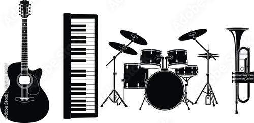 musical instruments silhouette set guitar piano drum kit trumpet black isolated collection music equipment flat vector illustration design
