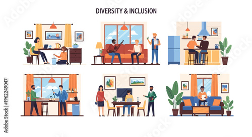 Diverse People & Inclusive Lifestyles: Modern Living and Working Environments. Illustrations of individuals collaborating, relaxing, and interacting in various settings.