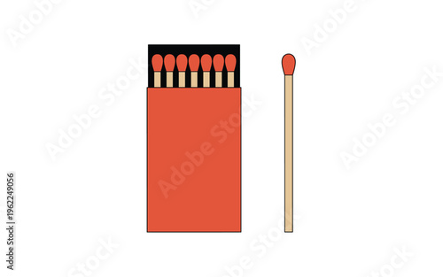 A vector graphic illustration of a red matchbox and a single matchstick with a red tip on a white background