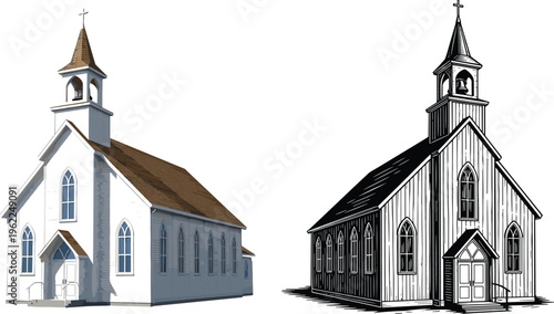 Set of Church Buildings in 3D and Sketch Style for Architecture, Religion, and Historical Design Illustrations
