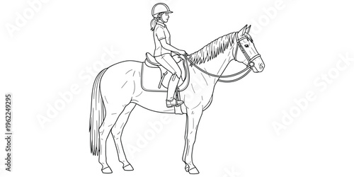 Horseback riding silhouette illustration, person rider with helmet saddle reins, equestrian posture design, educational equine artwork, flat vector illustration