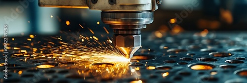 Industrial laser cutting machine in action with sparks flying