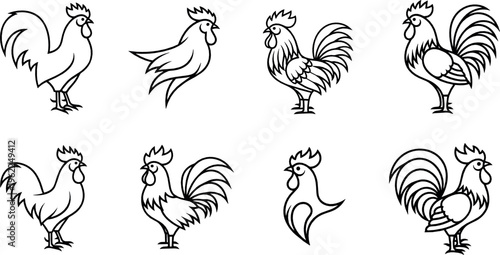 Hand-Drawn Rooster and Chicken Illustrations in Various Poses for Farm, Animal, and Agricultural Designs
