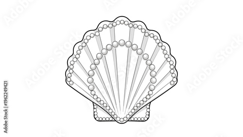 Stylized scallop seashell decorated with rows of gleaming white pearls along its ridges on a plain white background.