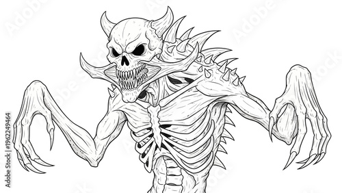 A menacing skeletal horned monster illustration in black and white.